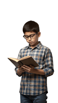 Young boy in glasses reading a book, deeply focused and thoughtful png
