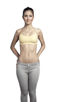 Fit woman in sports bra and leggings, showing toned abs and confident pose png