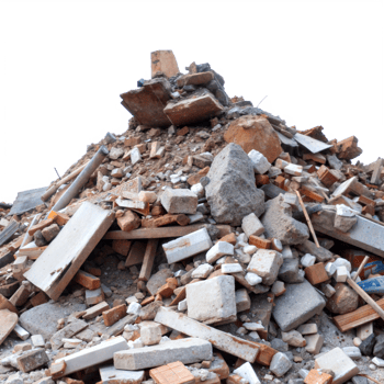 Heap of construction debris including broken wood, bricks, and concrete png