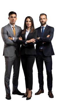 Group of three confident business professionals in formal attire, standing and posing together png