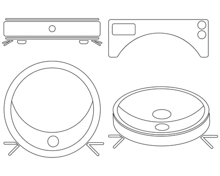 Set of contours of a robot vacuum cleaner from different angles, outline icons of home appliances vector