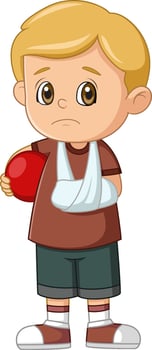 Cartoon little boy with broken arm and holding ball vector