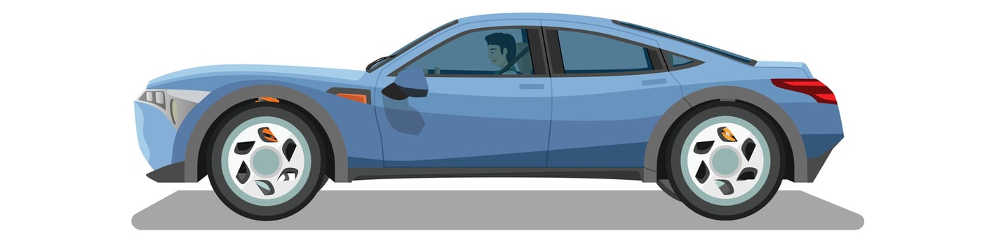 Concept illustration of detailed side of sport sedan car blue color with driving man. Can see interior of car from transparent glass. on isolated grey background. vector