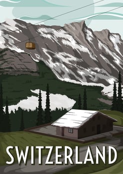 Winter in switzerland poster illustration. Village in switzerland in winter season. Switzerland travel poster design vector