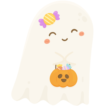 Happy ghost and candy pumpkin basket png