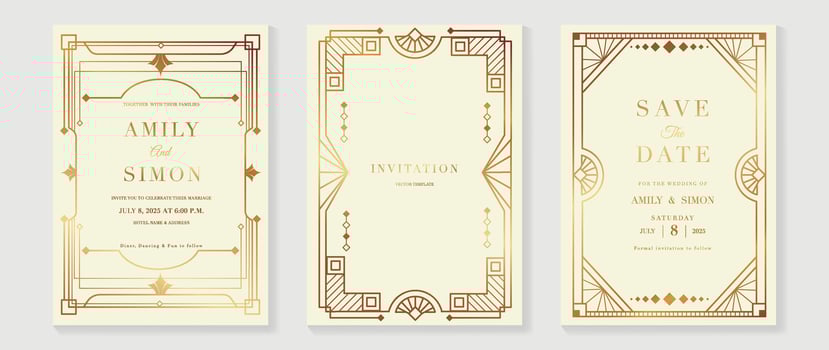 Elegant art deco classic antique design, gold lines gradient, frame on light background. Illustration for gala, grand opening, VIP cover. vector