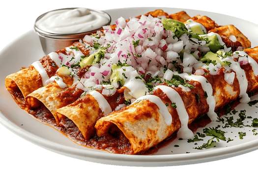 Delicious Enchiladas Topped with Creamy Sauce, Avocado, and Red Onions on a White Plate with a Transparent Background png
