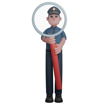 Law Enforcement Provider 3D. A police officer stands holding a large magnifying glass in front of his body. Male Police Cartoon png