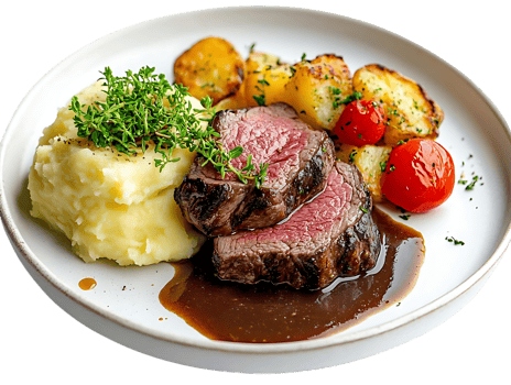 Seared Steak with Mashed Potatoes, Roasted Potatoes, and Tomatoes on a Transparent Background png