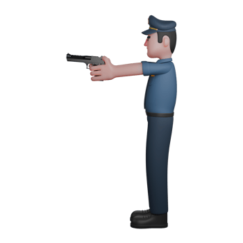 Male Law Officer 3D Model. A police officer holds a gun with both hands and points it to the side. Police Cartoon png