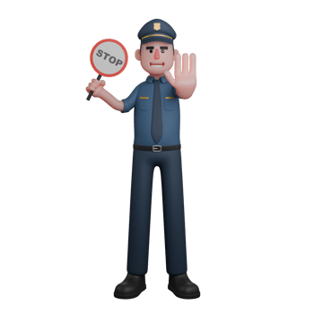 Professional Male in Law Enforcement. A police officer is holding a STOP sign in his right hand and raising his left hand with the palm facing forward. 3D Police Cartoon png