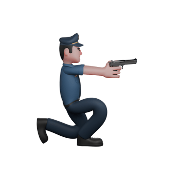Illustrated Law Professional. A police officer is kneeling while pointing a gun with both hands. 3D Male Police png