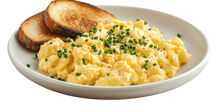 Fluffy Scrambled Eggs with Toasted Bread and Chives, a Delicious and Easy Breakfast Option with a Transparent Background. png