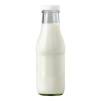 A glass bottle of milk is sitting on a transparent background png