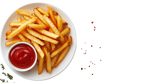 Crispy Golden French Fries with Ketchup on a White Plate and Transparent Background png