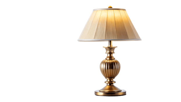 Elegant table lamp with golden base and pleated shade, luxury home decor, isolated transparent file png