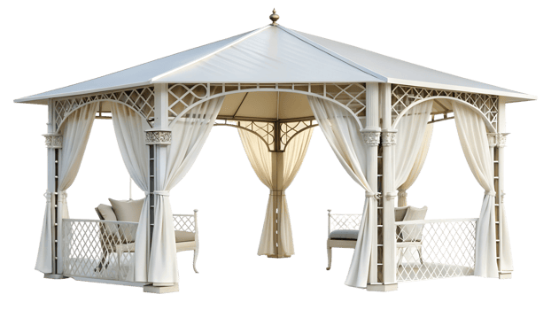 Elegant open-air white canopy gazebo with decorative curtains, transparent file png