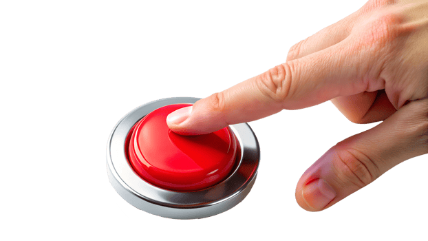 Hand pressing a red emergency button, concept of alert or panic, close-up view, transparent file png