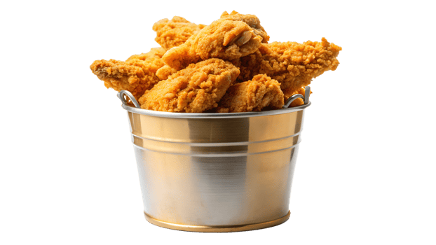 Golden fried chicken wings in metal bucket for takeaway meal advertisement, transparent file png