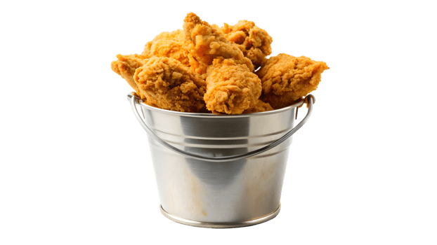Bucket of crispy fried chicken pieces isolated on white background, perfect for fast food promotion or menu design, transparent png