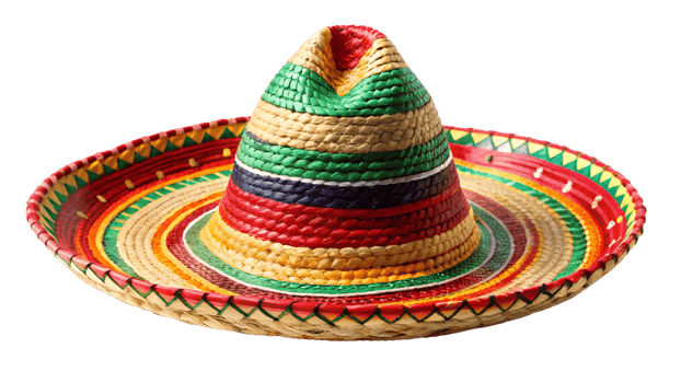 Traditional Mexican sombrero with multicolored patterns, authentic straw hat for cultural events or decor, transparent file png