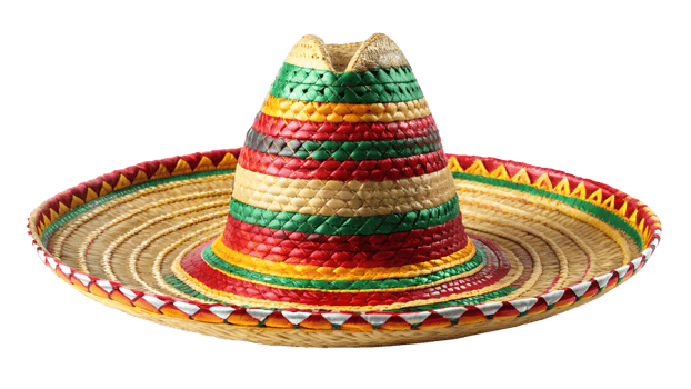 Colorful Mexican sombrero with woven straw design, traditional festive hat with vibrant stripes, cultural attire accessory, transparent file png