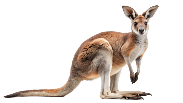 Alert kangaroo in seated position, Australian marsupial animal with big ears and long tail, wildlife close-up, transparent file png