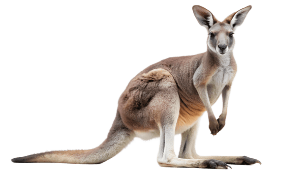 Kangaroo standing isolated, Australian wildlife marsupial animal with strong tail and large ears, native fauna, transparent file png