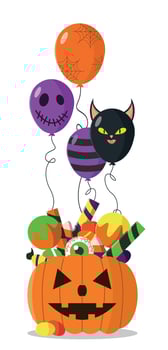 Halloween pumpkin with sweets and colorful helium balloons. Holiday and theme party concept. vector