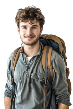 Young handsome student smiling with bag pack isolated on transparent background png