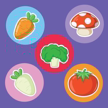 Vegetables icons set. Tomato, broccoli, mushroom, radish, cabbage, tomato. vector