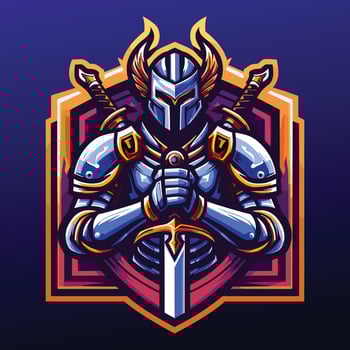 a knight with a sword and shield in front hand, gaming game e-sport sports team logo design vector