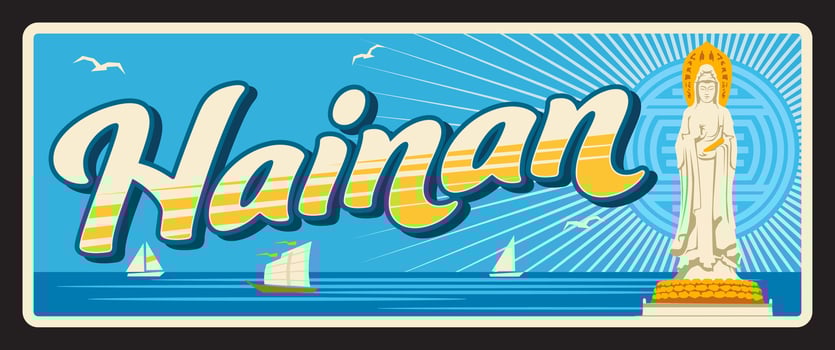 Hainan province of China, travel plate with sight vector