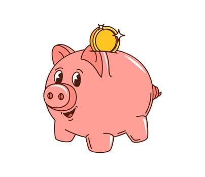 Piggy bank groovy finance character with a coin vector