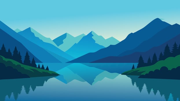 A serene lake nestled among majestic mountains, bordered by lush green grass, reflecting the beauty of nature flat illustration. vector