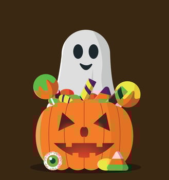 Cartoon ghost with pumpkin and sweets. vector