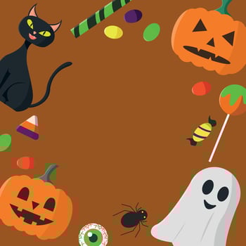 Halloween background with black cat, candies, spider, pumpkin and ghost. vector