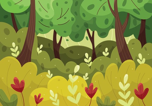 Forest illustration with trees, leaves and flowers in cartoon cute style. illustration for kids, children, nursery, wallpaper, packing and wrapping. Horizontal, landscape background. vector