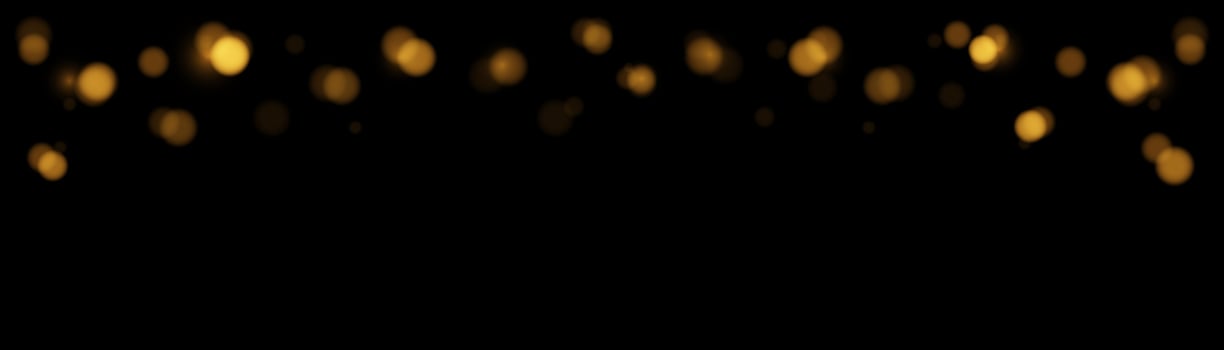 horizontal banner many Golden bokeh circles, golden particle on black background. Yellow and Orange light circular design along the top edge of the banner. Background with copyright. vector