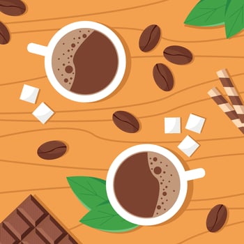 Background with cups of coffee and sweets. vector