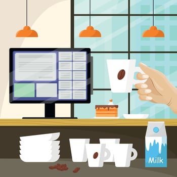 Interior of a cozy coffee shop. Coffee and dessert in one composition. Monitor for orders. vector