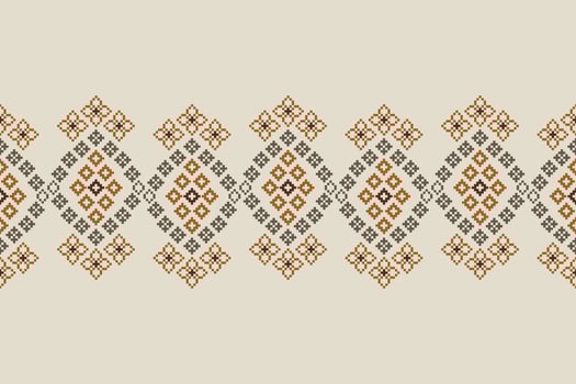Ethnic motifs ikat geometric fabric pattern cross stitch.Ikat embroidery Ethnic oriental Pixel brown cream background. vector