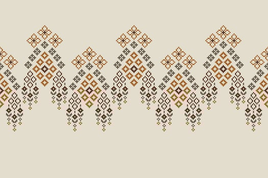 Embroidery ethnic motifs ikat geometric fabric pattern cross stitch pixel brown cream background. vector