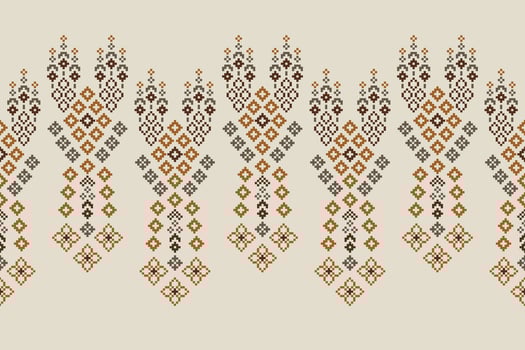 Ethnic motifs fabric pattern cross stitch cream color background. vector