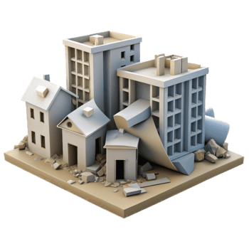 Demolished building 3d icon cartoon style isolated on transparent background cutout png