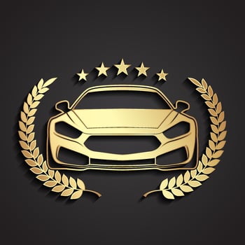 3d sport car front with laurel wreath and stars gold logo vector