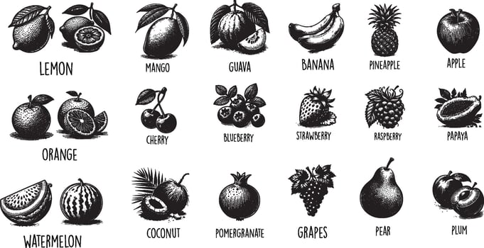 black and white hand drawn fruits sketch set vector