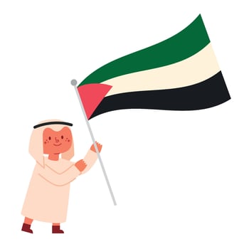 A boy holding a flag of united arab emirates, flat cartoon style illustration vector