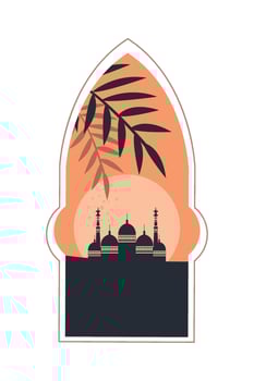 Islamic mosque with palm tree and sunset illustration vector