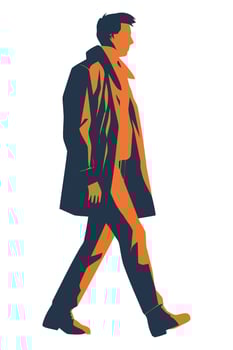 A silhouette of a man walking in an orange and blue coat vector